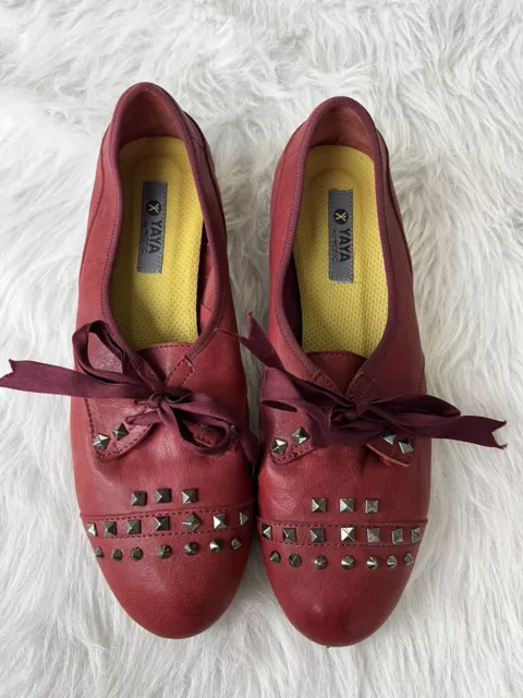 Yaya By Hotiç 38.5 Red Leather Studded Tie Oxfords Round Tie Flats