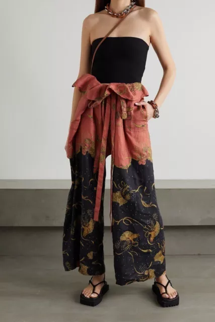 Loewe x Paula's Ibiza Terracotta Dove print Linen Belted Wide-Leg Pants Culottes