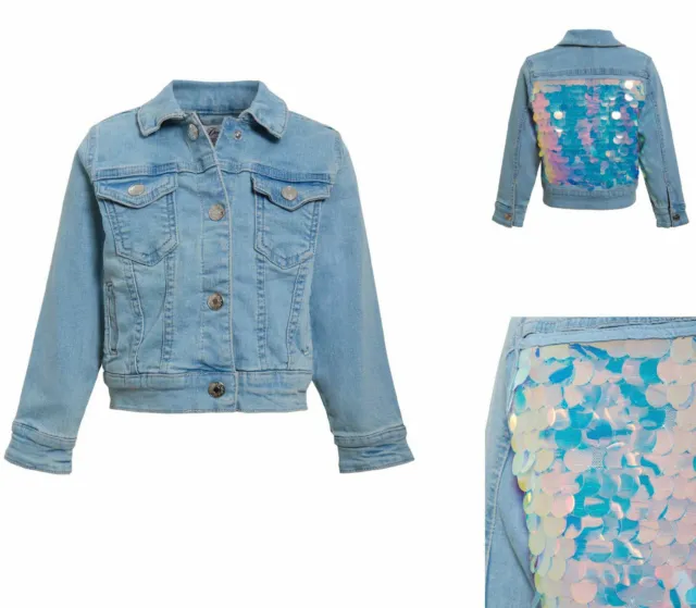 Girls Denim Jacket TEENAGE Size Coat Blue Light Stonewash Sequin Cotton Elastane