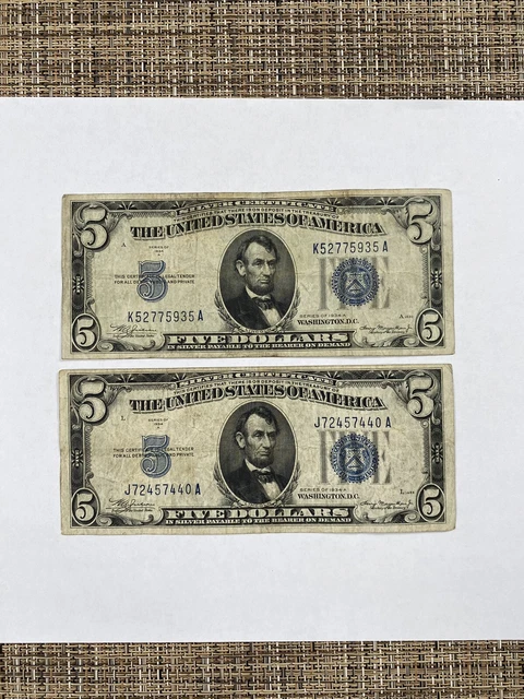 2-1934 A $5 Five Dollar Notes Silver Certificates Blue Seal
