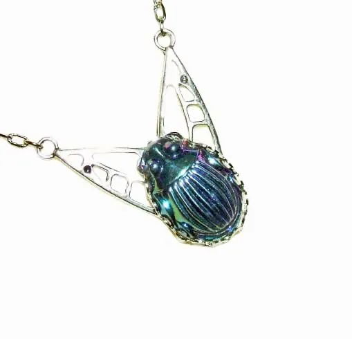 CARNIVAL GLASS Necklace SCARAB Egyptian Revival Beetle SILVER Plated ART DECO