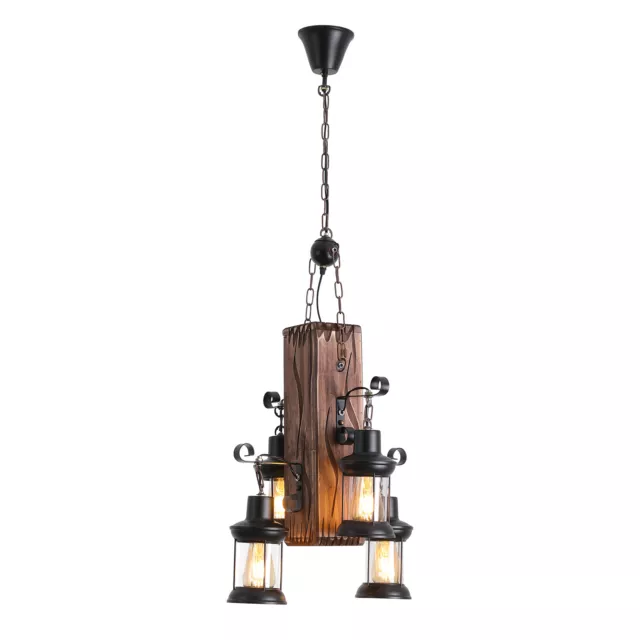 4-Light Retro Wood Chandelier Iron Ceiling Lamp Industrial Rustic Pendant Light