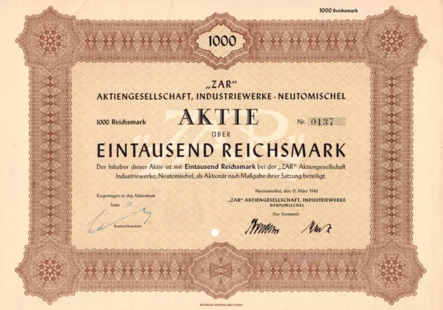 ZAR AG Industriewerke - Neutomischel im Wartheland - Schlesien 1942 - Aktie -