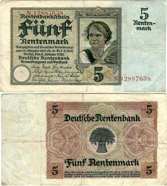 Rentenbankschein 5 Rentenmark 1926 Berlin DEU-209b Ro.164b P-169(2) SEHR SELTEN