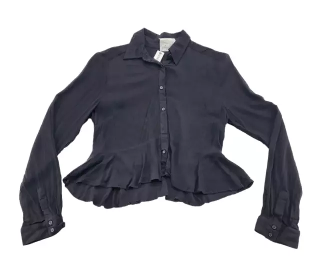 Womens Size M Black Long Sleeve Cropped Top Button Front Peplum Shirt NEW NWT