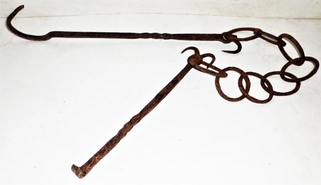 Antico Giancio Con Catena Per Camino In Ferro Battuto