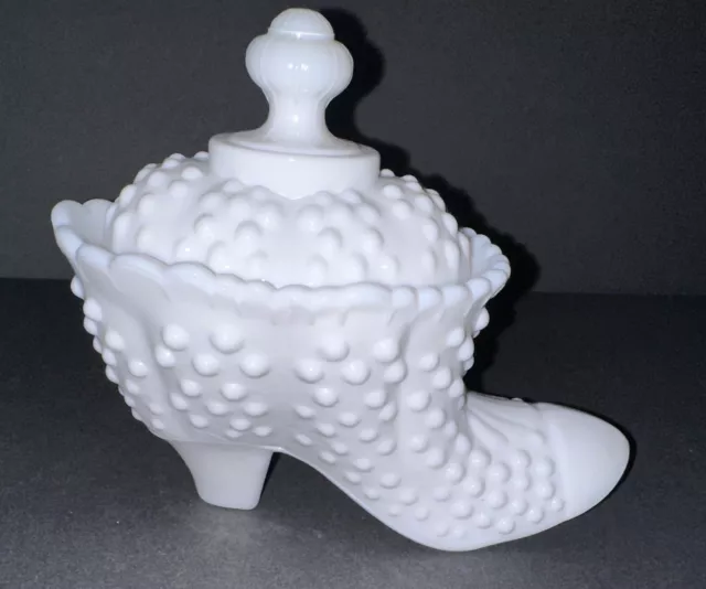 Vintage Fenton Handmade Hobnail Milk Glass White Boot Shoe Candy Dish with Lid