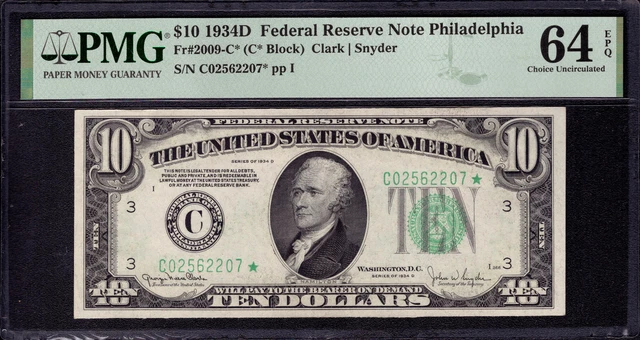 1934 D $10 Federal Reserve Star Note Philadelphia Fr.2009-C* Pmg Cu 64 Epq
