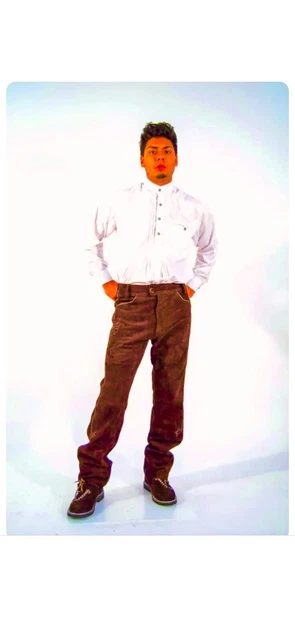 *Nuovi* pantaloni tradizionali in pelle bovini lunghi pelle velluto ricamo marrone chiaro taglia 52 3