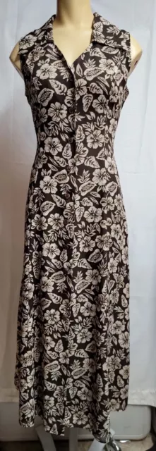 Vintage Coldwater Creek Sz 8 Long Brown Tan Floral Tropical Maxi Shirt Dress