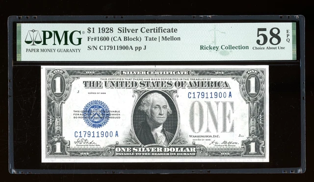 DBR 1928 $1 Silver Fr. 1600 CA Block PMG 58 EPQ Serial C17911900A