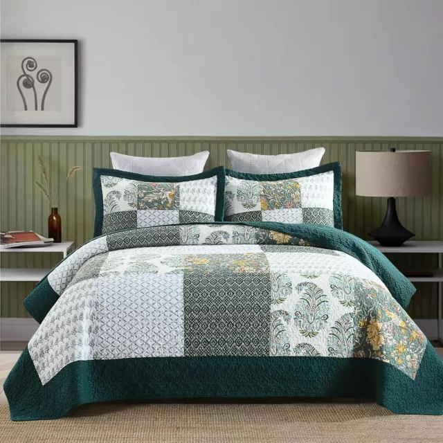 King Patchwork Green Floral Quilt Set Botanical Floral Quilted Bedspread 3-Piece