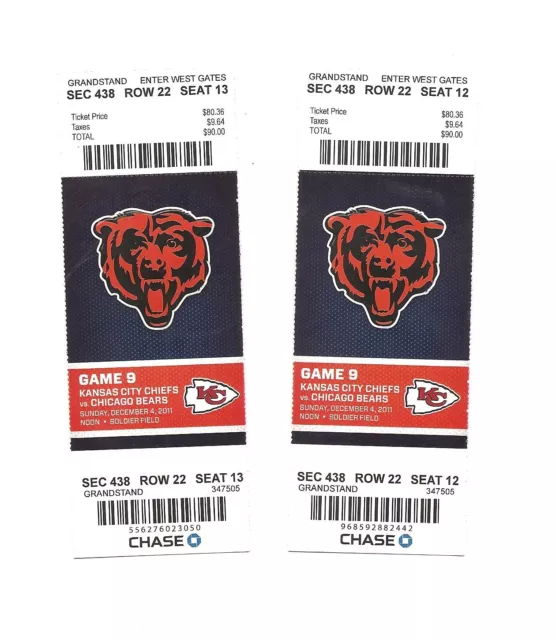 Chicago Bears vs Kansas City Chiefs Unused Football Tickets From 12/4/2011