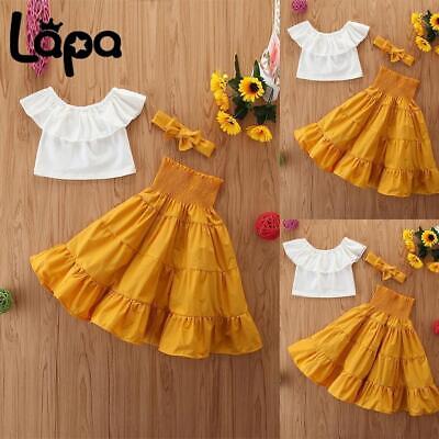 Kids Baby Girls Outfits Ruffle Frill Tops Long Skirt Headband Set Party Clothes
