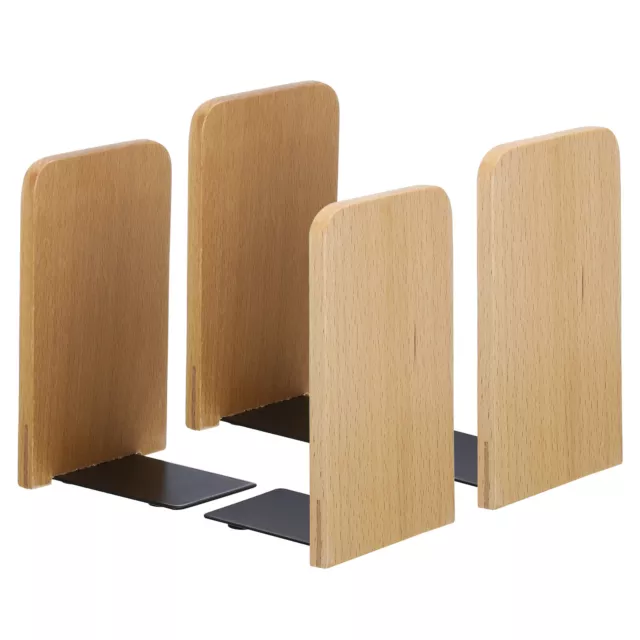 Wood Bookend with Metal Base, 4 Pcs Square Head Book Ends, Beech Wood Style 2