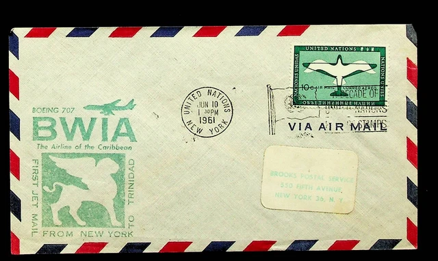 Un USA 1961 Bwia Jet Luftpost Ffc F / Ny Sich Trinidad W/10c & Decade Von Cachet