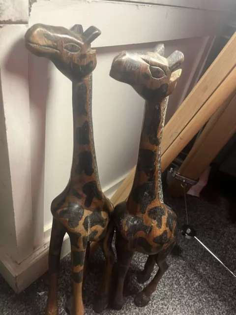 Wooden carved pair of Giraffe figurine-statue, set of 2 Giraffe family 23in Tall