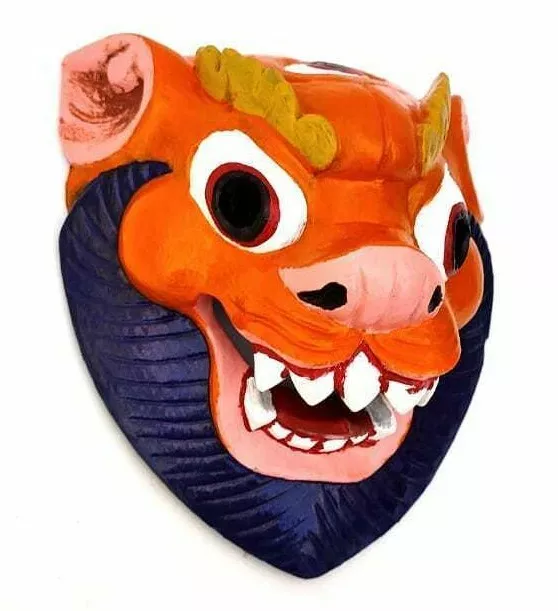 Wooden Lion Mask(Orange) Wall Hanging Hand Painted Hand Carved