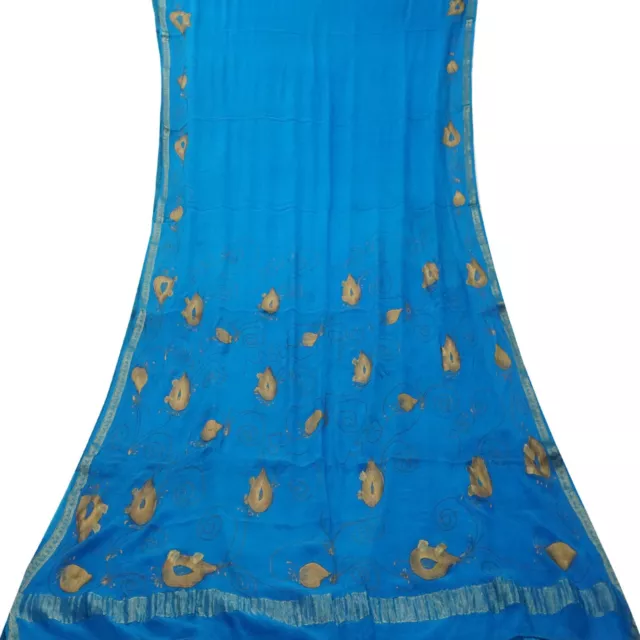 Vintage Blu Sari 100% Puro Crepe Seta Stampato Zari Confine 4.6m Craft Stoffa