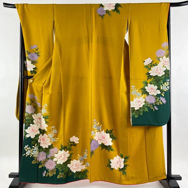 Japanese Silk Kimono Vintage Furisode Gold Large Peony Leaves Dyed Yellow 63"