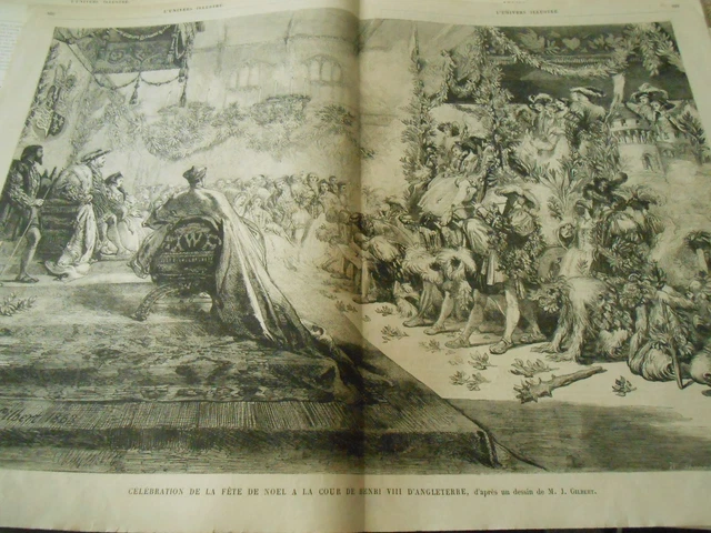 Grande Gravure 1864 - Célébration de la fête de Noel à la cour de Henri VIII