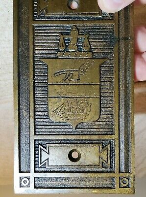 Small Antique Heavy Brass Faceplate With Scales, Plow & Ship Pictured On Front 3