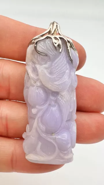 Old Chinese 14k White Gold Carved Gourd Bird Lavender Nephrite Jade Pendant