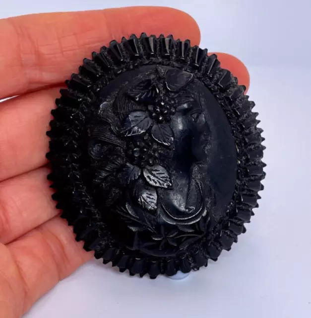 Victorian Whitby Jet Cameo Brooch Pin Antique Mourning Jewelry Brooch Bacchante