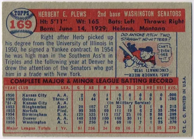 1957 Topps Baseball card, #169, Signed/Auto, Herb Plews RC, Washington Senators 2