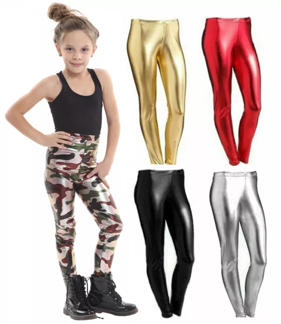 Girls Metallic Leggings Foil Gold Nativity Wet Look Shiny Childrens 3-13 Years