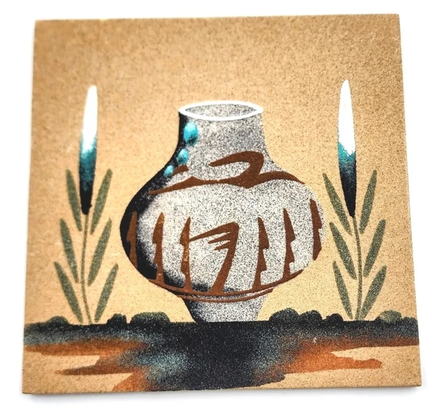Native American Navajo Sand Painting Pottery Vase Artist Signed 8X8