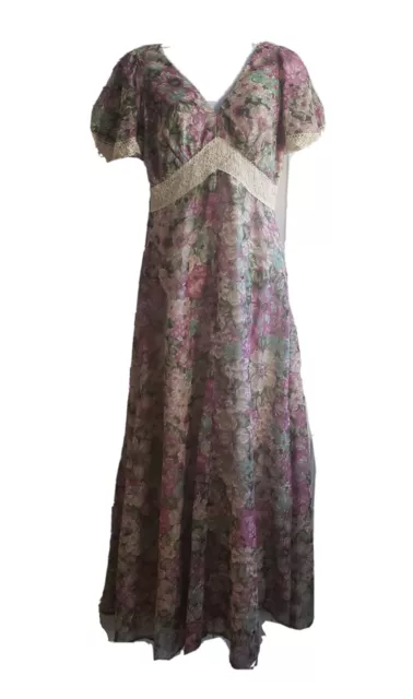 Vintage maxi floral lace trim dress long 1970's Cottagecore prairie boho 10
