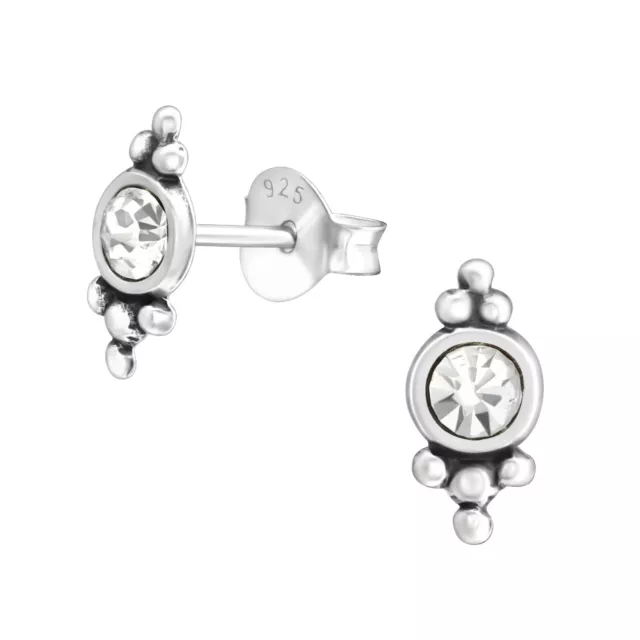 925 Sterling Silver Round Crystal Antique 3 Bean Dot Minimalist Stud Earrings