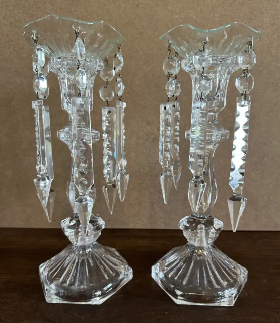 Pair of 9" Candlestick Holder with (2) Bobeche & (12) Dangling Crystal Prisms