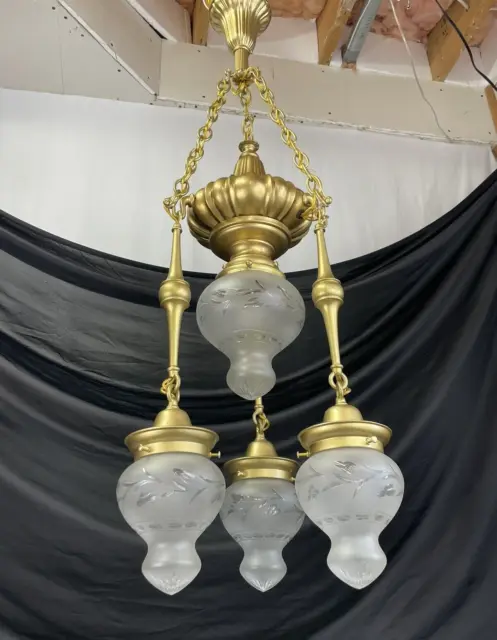 REWIRED Antique Vtg Arts & Crafts Deco Chandelier 4 Cut Glass Globes Moroccan