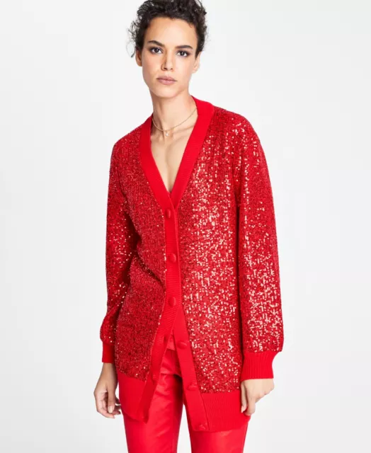 MSRP $120 Inc International Concepts Overd Sequin Cardigan Red Size Small DEFECT 2