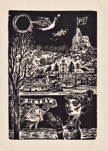 Exlibris Ferenc Bordas / Rethy 1968 Hongrie Ex-Libris Bookplate