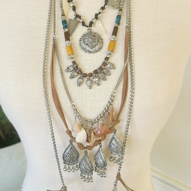 Gypsy Necklace Long Multi Strand Layered Silver & Brown Coins & Skulls