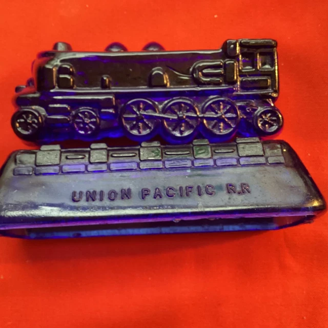 Vintage Union Pacific RR Glass Toy Train on Stand Candy Container Cobalt Blue