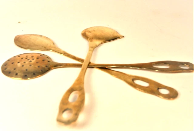 Vintage Hand Forged Brass Serving Utensils / Skimmer & 2 Spoons 11 Inches Rustic