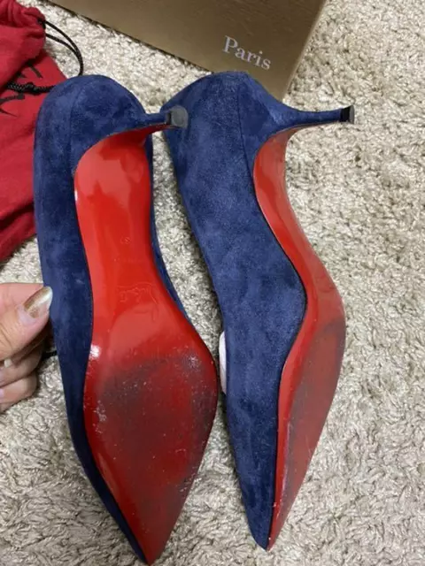 Christian Louboutin pumps IT 37 Pointed Toe Blue Navy Suede Low Heels red sole