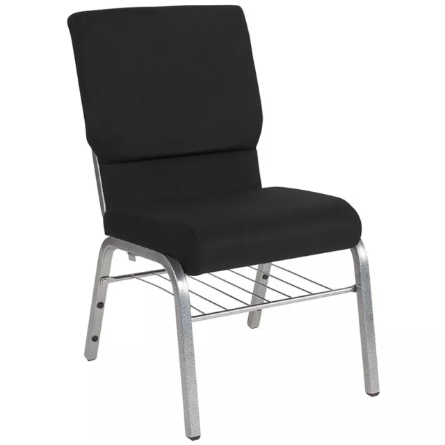 10 PACK 18.5'' Wide Black Fabric Church Chair with Book Rack & Silver Vein Frame