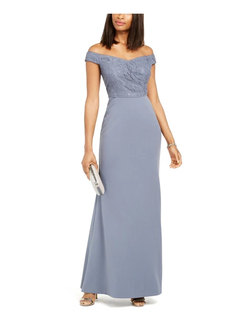 ADRIANNA PAPELL Womens Blue Lace Zippered Off Shoulder Formal Sheath Dress 2