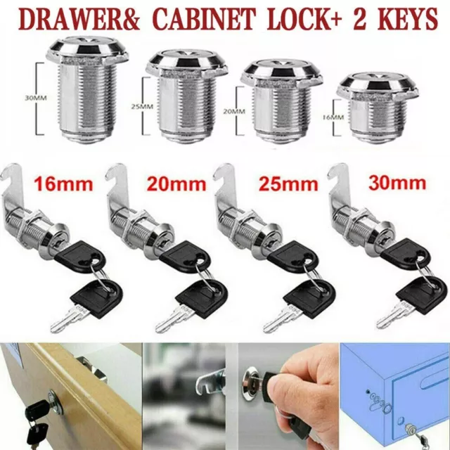 16/20/25/30mm Keyed Cylinder Cam Locks Tool/ Box File Cabinet Desk Drawer 2 Key