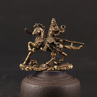 60MM Small Curio Chinese Bronze Ride A Horse Guan Gong Yu Warrior God Statue HOT