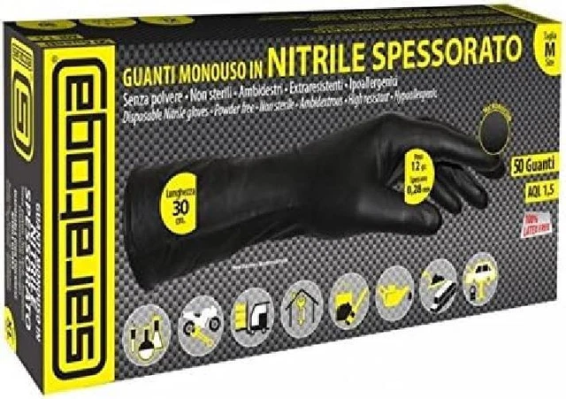 SARATOGA 50 Guanti Lunghi Monouso Nitrile Spessorato, Nero, Taglia M