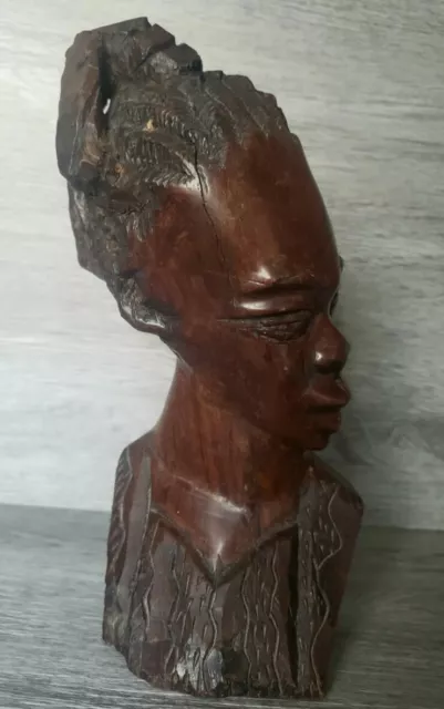 Large Vintage African Carved Brown Wooden Woman Head Bust Heavy Statue/ Figurine