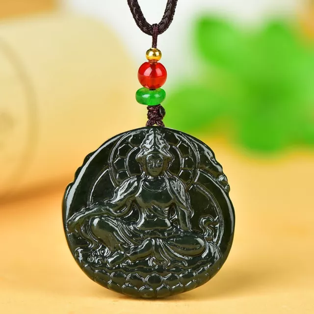 Chinese Hetian Gray Jade Hand Carving Buddhism Lotus Flower Kwan-yin Pendant