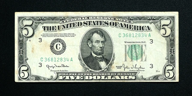 1950 C $5 Five Dollar Bill Federal Reserve Note Philadelphia Old VintageCurrency