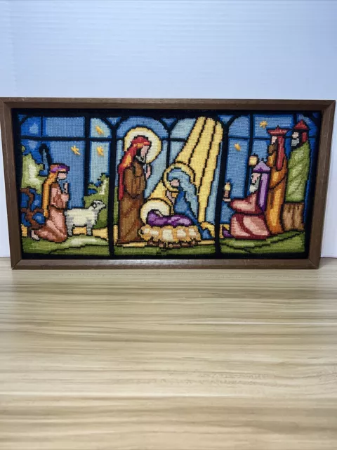 Vintage Needlepoint Nativity Baby Jesus Manger Christmas Scene Framed Wall Art